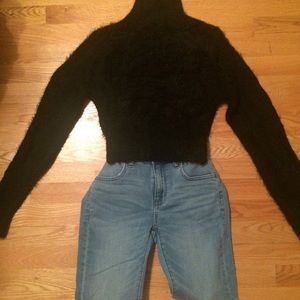 Fuzzy mock neck cropped plush sweater